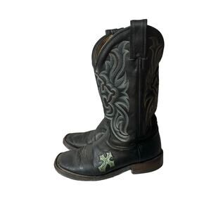 Tony Lama Cross Inlay Black Blue Leather Square Toe Boots Womens Sz 9 Distressed